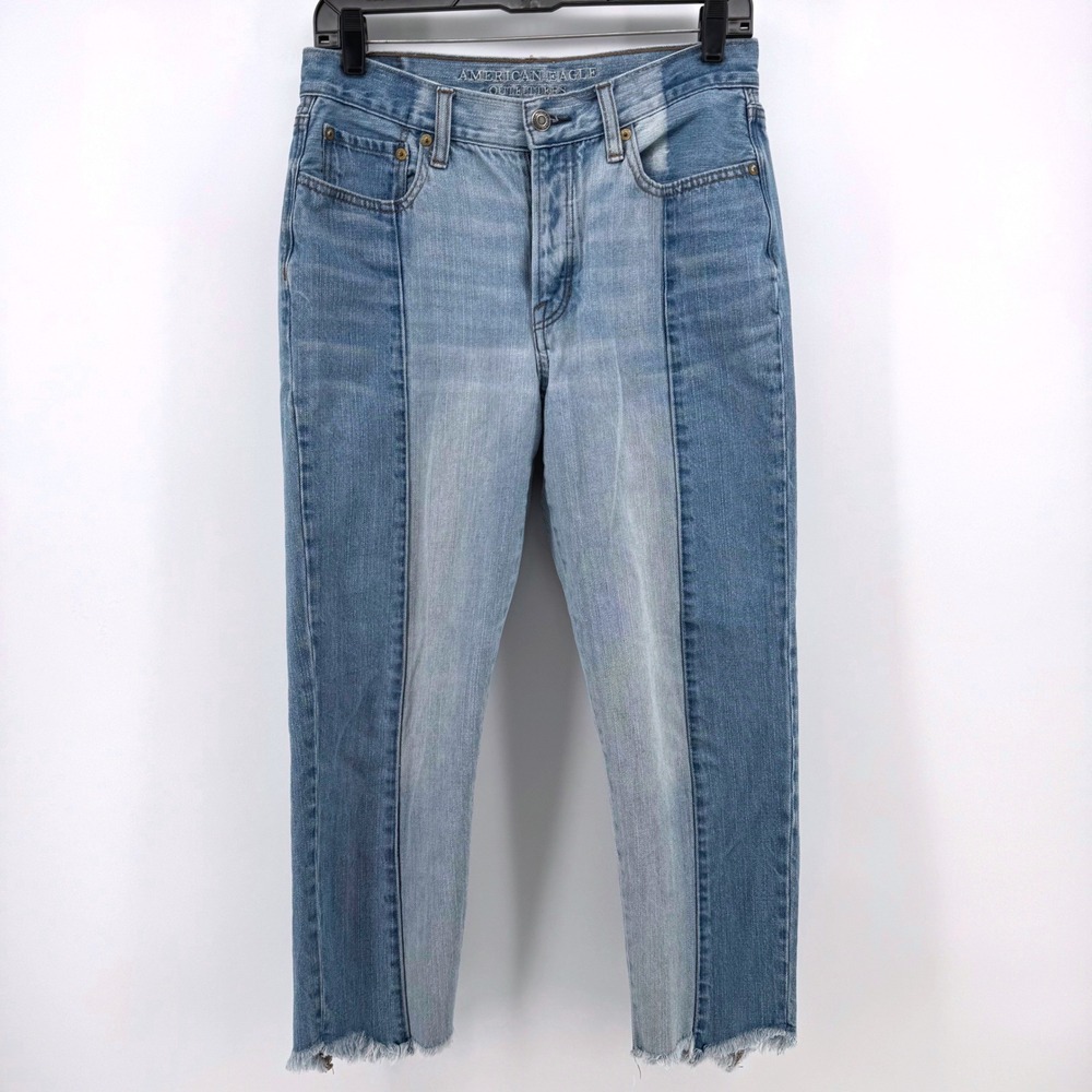 American Eagle Size 8 Vintage Hi-Rise Two Tone Paneled Jeans Blue Cotton Frayed - Picture 2 of 8
